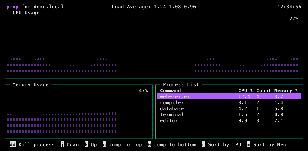 ptop terminal system monitor with purple dotted CPU and memory graphs, a process list, and keyboard controls